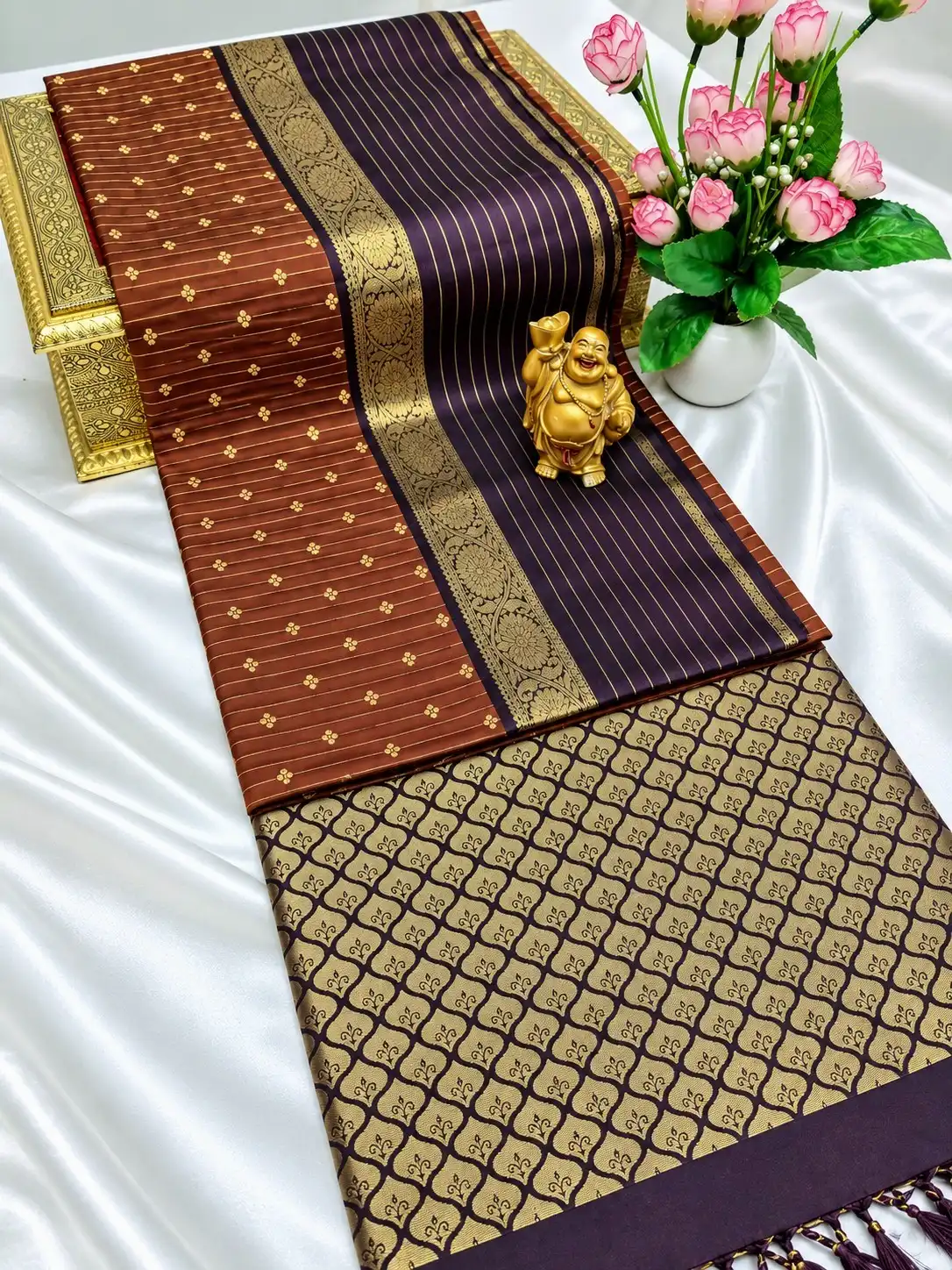 Maroon Purple Line Zari Semi Kanchipuram Silk Saree